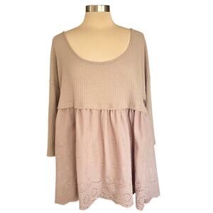 Suzanne Betro Signature Tan Mixed Media Top Waffle Knit Eyelet Lace Sz 1X Boho